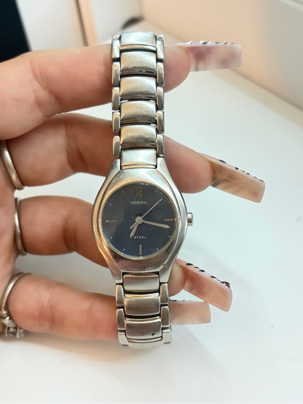Fossil Silver Stainless Steel Watch With Blue Dial